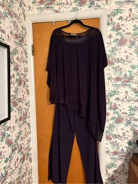 Elegant Eggplant colored Lace-trimmed Pant Set